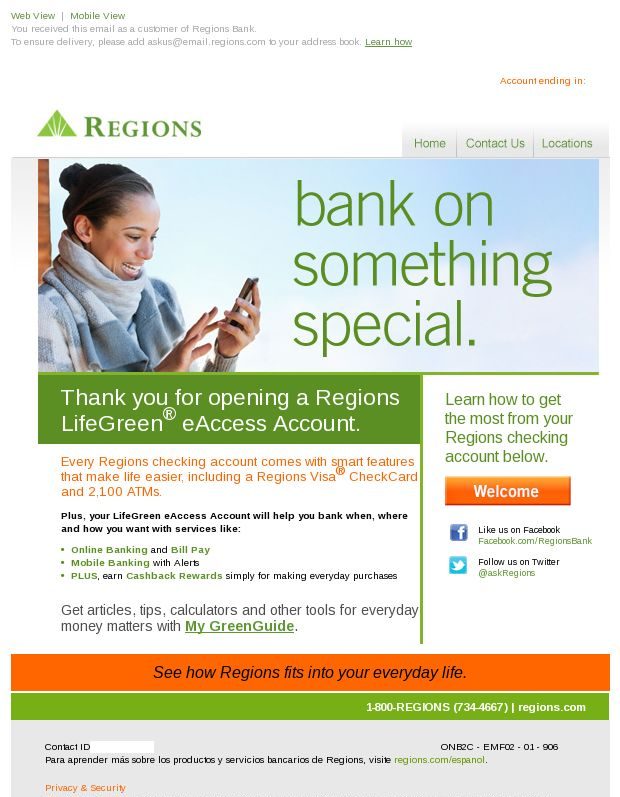 Picture of Regions Bank Welcome Email