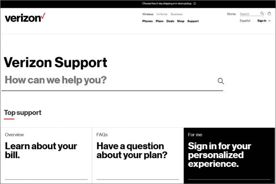 verizon help page