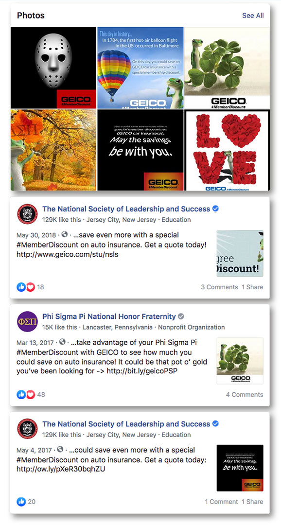 Geico Facebook Fraternity marketing