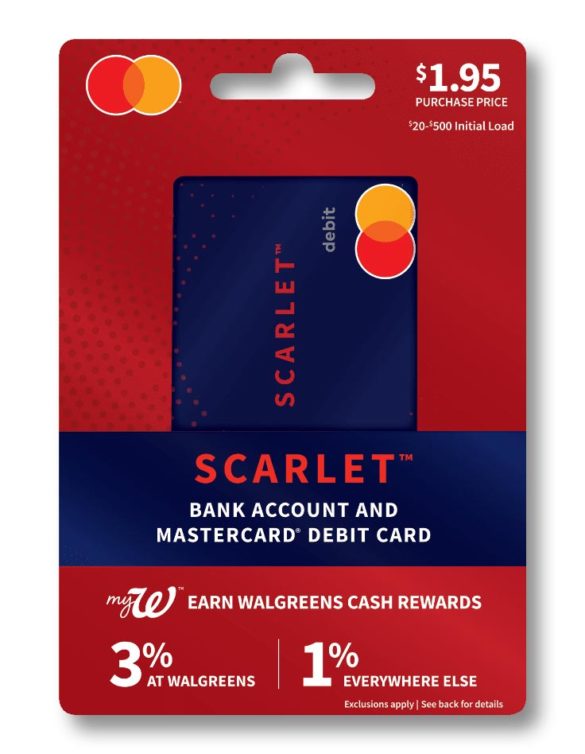 Walgreens Scarlet bank account and off the rack debit card packaging