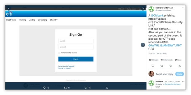 Citibank phishing malware hunter tweet
