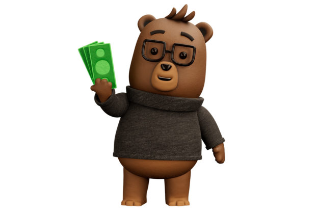 Dave bear mascot with money