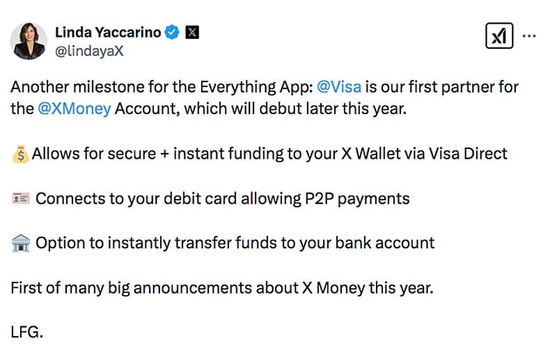 Linda Yaccarino tweet about x money