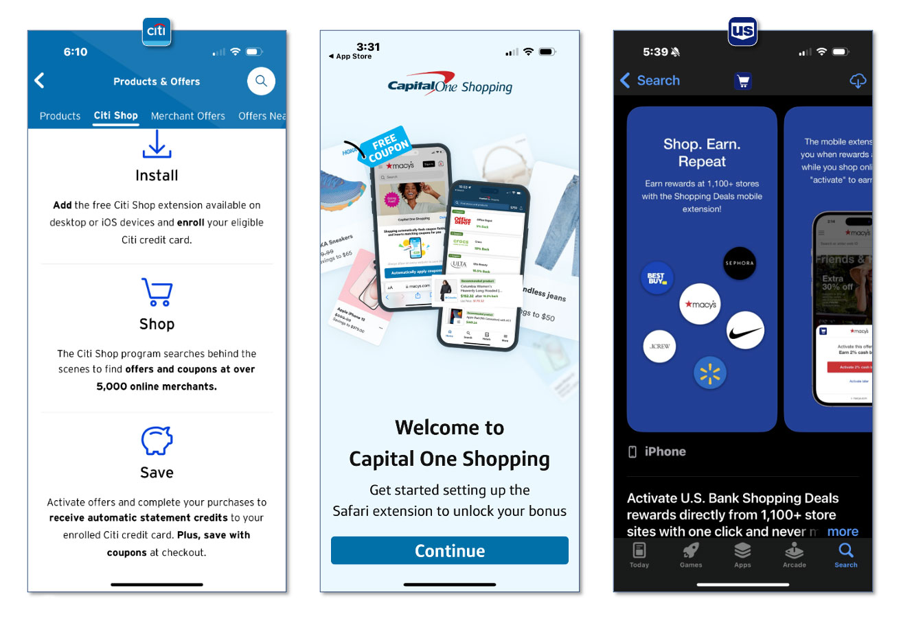 Credit card shopping apps Citibank Capital One U.S. Bank