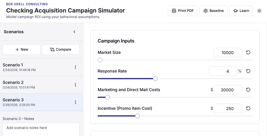 Chart showing the checking account campaign simulator.