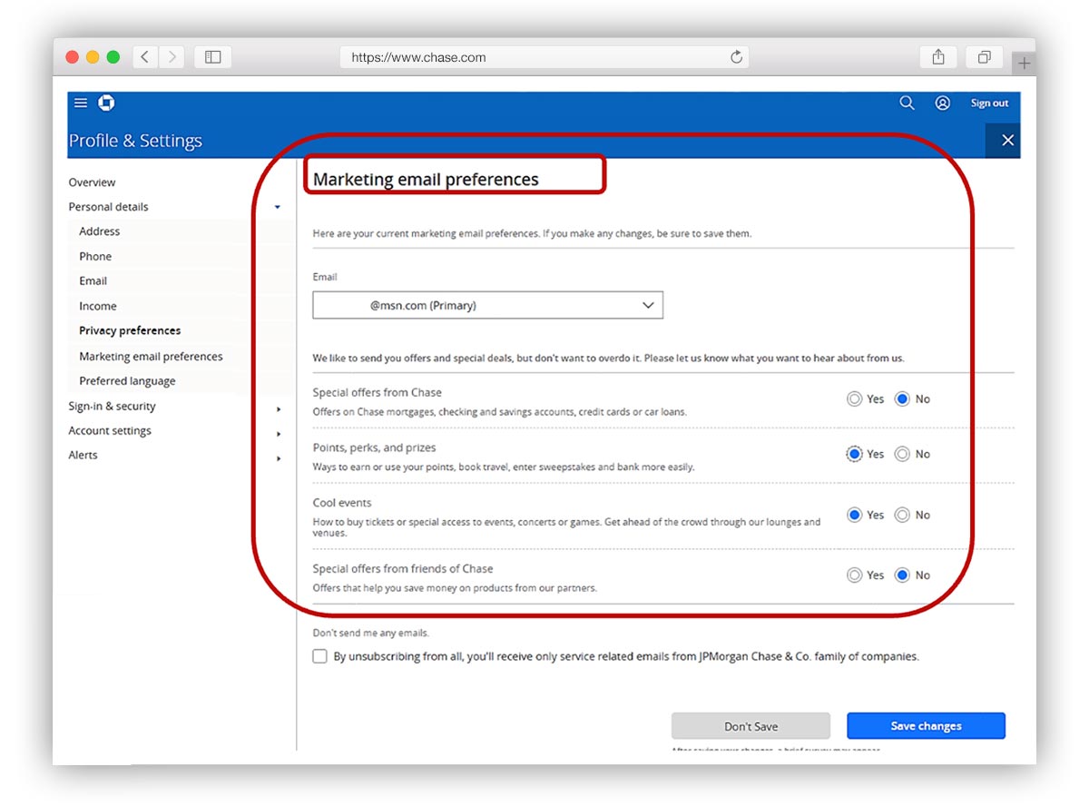 Chase privacy and marketing settings - Screen 1