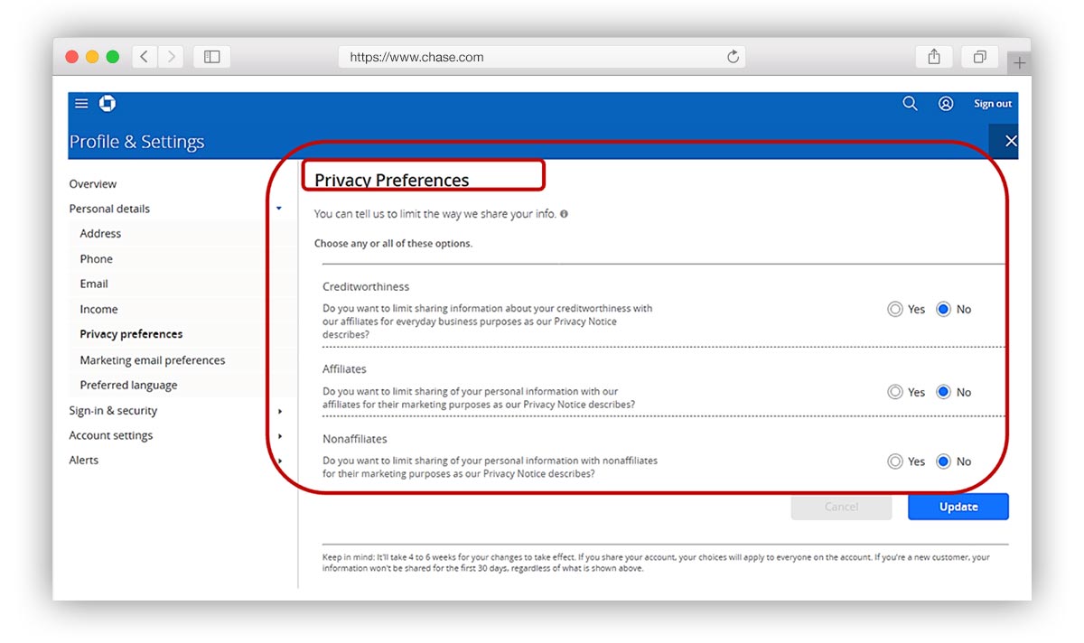 Chase privacy and marketing settings - Screen 2